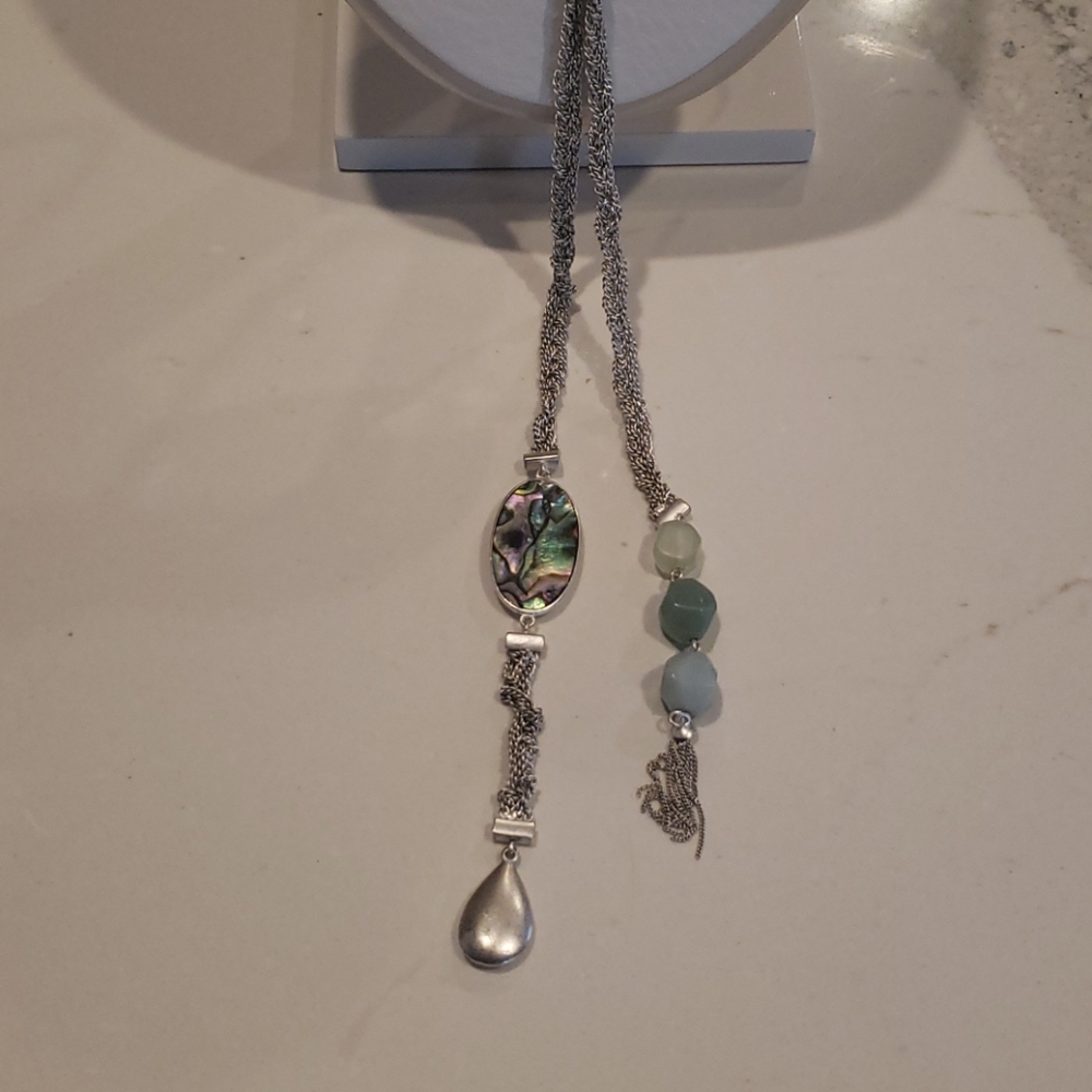 Turq/blues long silver necklace, wear many ways!